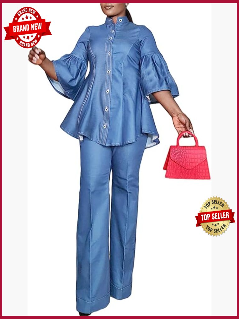 Denim 2 Piece Outfit Flared Sleeve Button Down Shirt & Straight Pants Clubwear